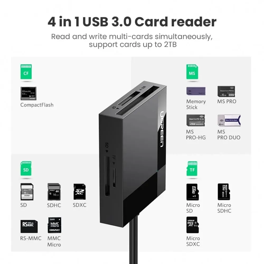 UGREEN 0.5M Black USB 3.0 Card Reader SD Micro SD TF CF MS Compact Flash_05